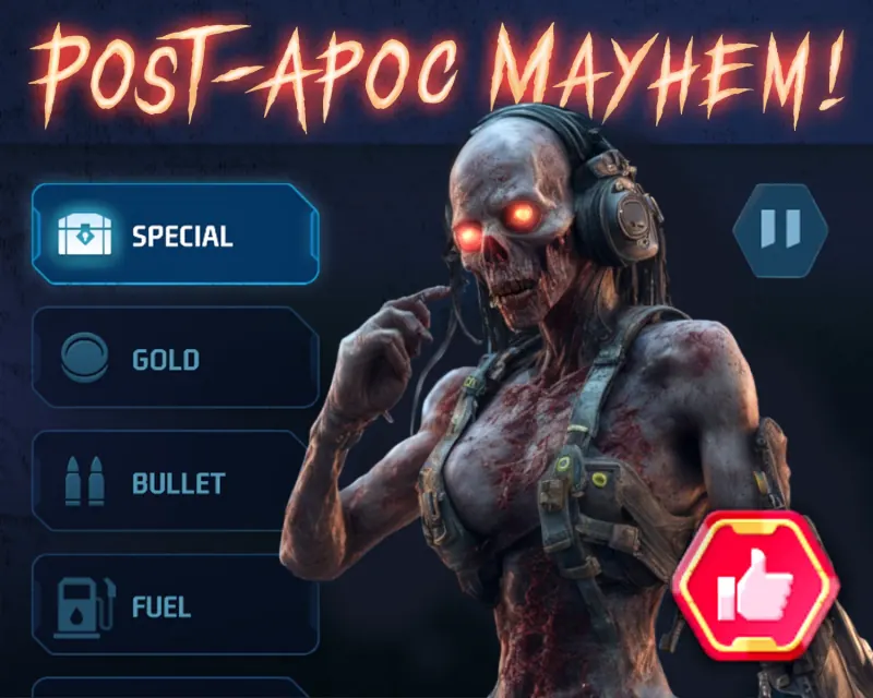 баннер Post-Apoc Mayhem с зомби и игровым интерфейсом