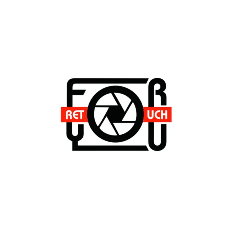 логотип фотостудии Retouch с затвором объектива в рамке