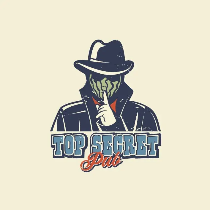 ретро-эмблема Top Secret Pub с гангстером в шляпе