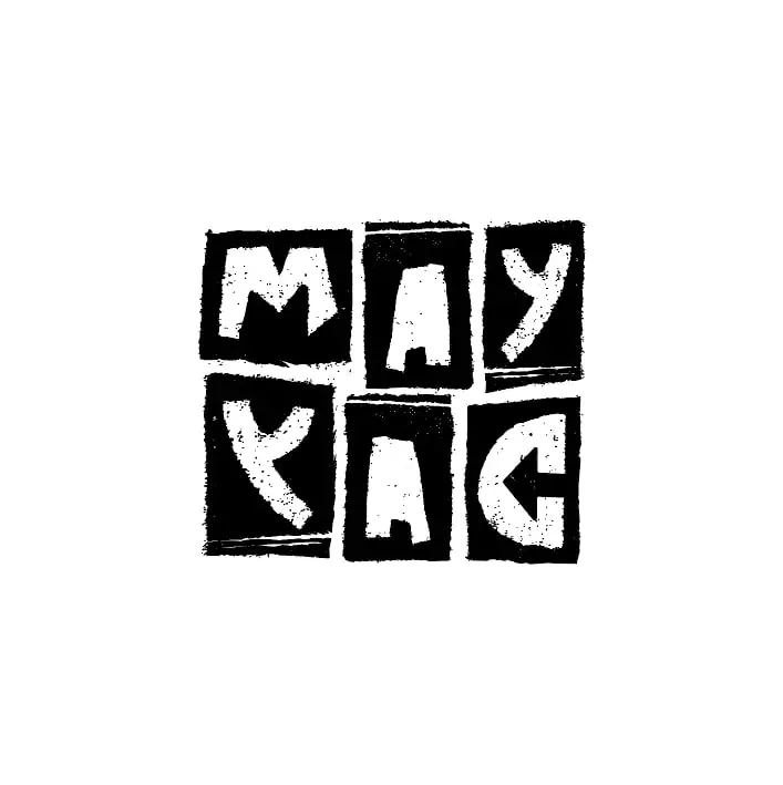 чёрно-белый логотип из грубых букв-штампов MAY KAC