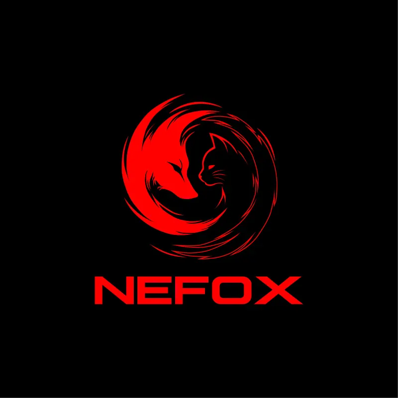 знак NEFOX: красные лис и кот, свёрнутые в круг, на чёрном