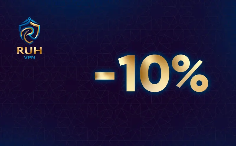 баннер RUH VPN с золотой надписью −10%