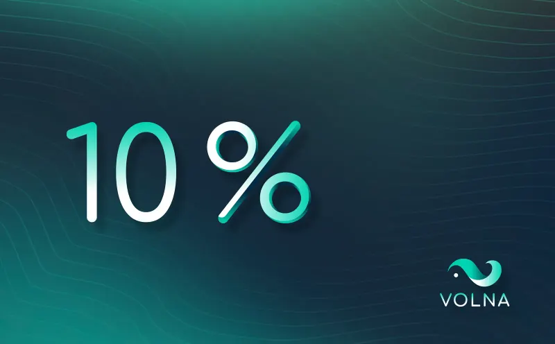 акционный баннер VOLNA со скидкой 10 % на бирюзовом градиенте