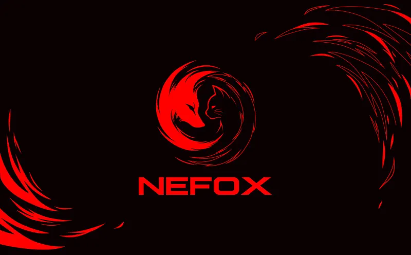 баннер NEFOX: красный знак лиса и кота с росчерками на чёрном