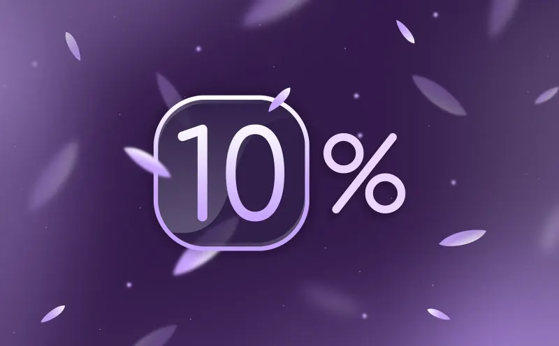 баннер HJ со скидкой 10 % в стеклянной плашке на сиреневом