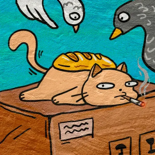 бежевый кот с сигаретой и батоном на голове