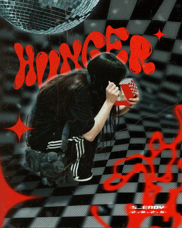 постер HUNGER с парнем на чёрно-белой шахматке