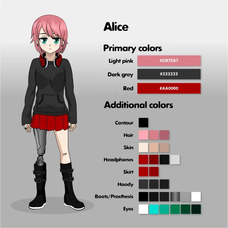лист персонажа Alice: розовые волосы, наушники, протез