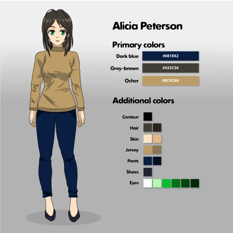 лист персонажа Alicia в бежевом свитере и джинсах
