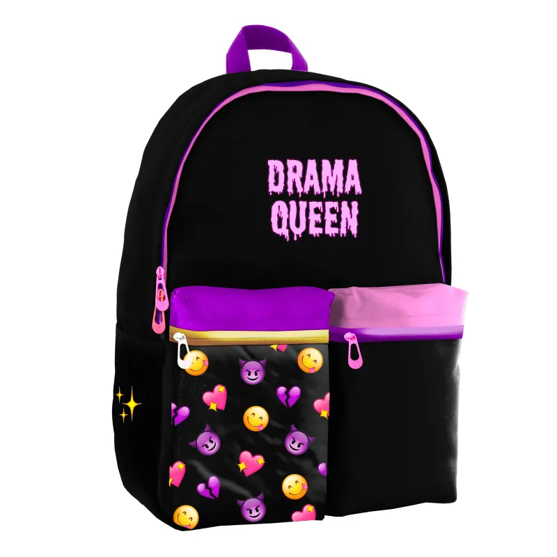 чёрный рюкзак с надписью Drama Queen и смайликами